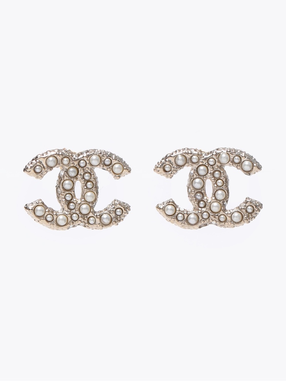 Chanel 2021 Mini Faux Pearl Gold Tone & Crystal CC Stud Earrings